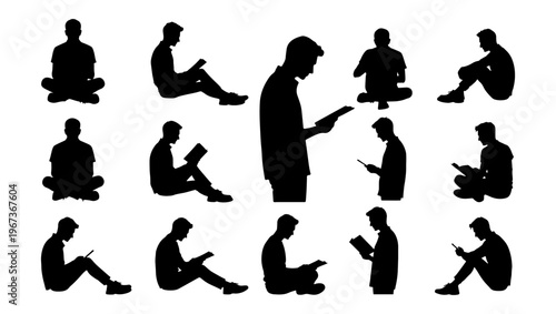 Black silhouettes of people reading books, set of 14 male figures in sitting and standing poses, library and education vector icons