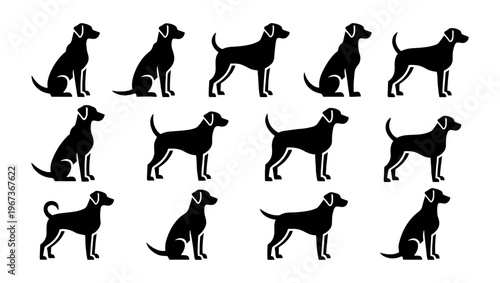 Minimalist dog silhouette icons set, collection of 12 black canine vector symbols, standing and sitting pet animal silhouettes for logos and web design