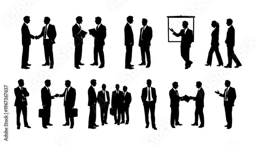 Professional business people silhouettes set, corporate team meeting and handshake icons, black vector figures of office workers in suits