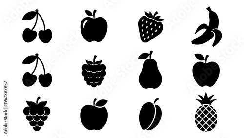 Minimalist fruit icon set with 12 black silhouettes, organic food symbols for grocery and nutrition, flat vector fruit illustrations