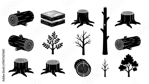 Black wood log and tree stump vector icons, 14 timber and forestry elements, rustic woodpile and lumberjack industry symbols on white background