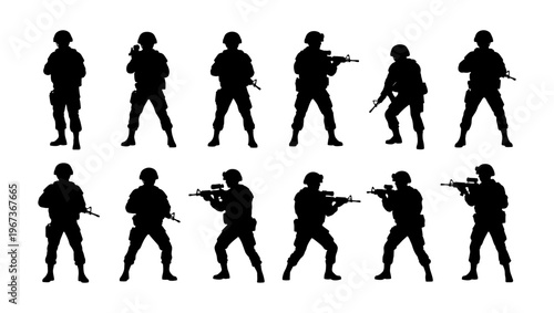 Military soldier silhouettes collection, 12 tactical army infantry vector set, armed special forces figures in combat poses, black war icons