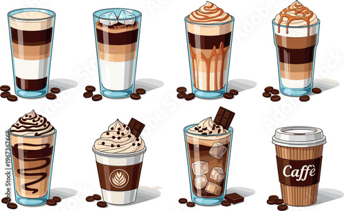 Coffee beverages set with latte cappuccino mocha and iced drinks vector illustration isolated on white background collection