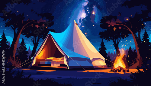 Glamping tent under starry night sky with campfire in a forest