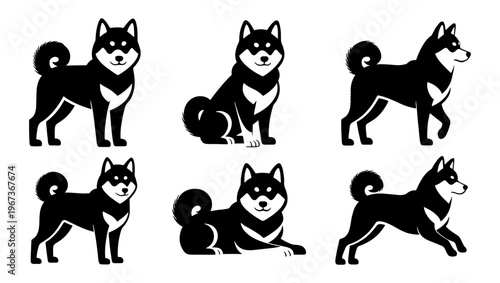 Minimalist Shiba Inu dog vector set, black and white Japanese Akita breed icons, 6 flat canine character poses for pet branding and logo design
