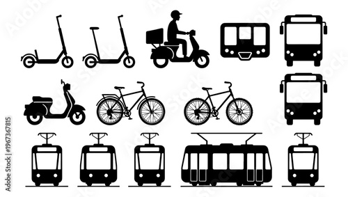 Urban transportation silhouette icons, public transit and micro-mobility vehicle set, black vector symbols for city travel and delivery services