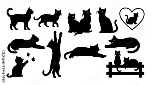 Black cat silhouettes collection, set of 12 feline vector elements in various poses, domestic cat icons for pet branding and animal graphics