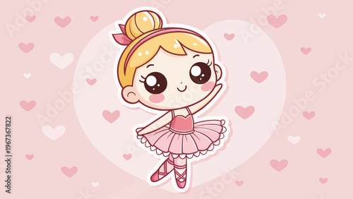 Adorable chibi ballerina girl in pink tutu and ballet shoes standing on tiptoes with heart background