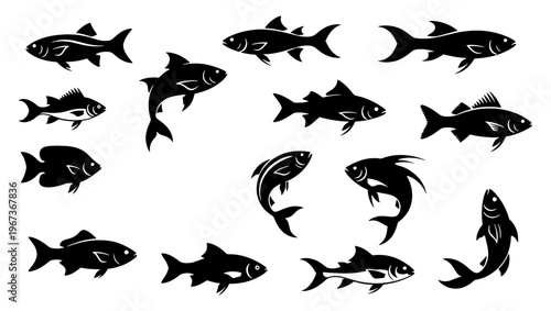 Black fish silhouettes collection, set of 13 aquatic animal vector icons, minimalist sea life and river fish shapes for fishing logos and marine design