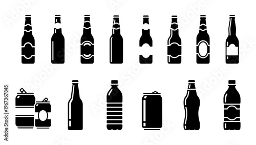 Black beer bottle and soda can icons, 14 beverage container silhouettes, minimalist liquid packaging vector set for bar and restaurant menus