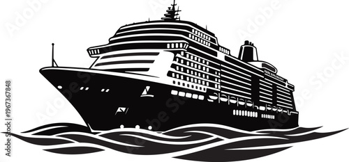Simple black Cruise ship vector illustration.Vector art of a cruise ship isolated on white background.