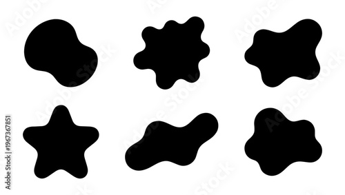 Abstract organic blob shapes, set of 6 black liquid silhouettes, minimalist amoeba fluid elements for modern graphic design and branding