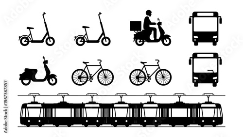 Urban transportation icons set, black silhouette city vehicle collection, public transit bus and tram vector, bicycle and electric scooter symbols