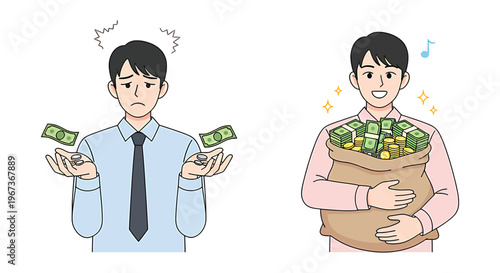 A man with little money and a man with a lot of money. A concept illustration of the gap between the rich and the poor flat vector illustration