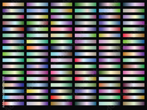 Colorful metallic gradient rectangles in horizontal rows on black background