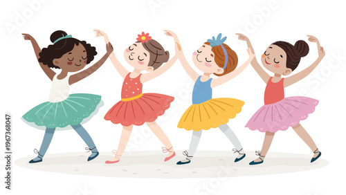 Diverse group of happy kids ballet dancers holding hands in colorful tutus dancing together
