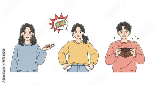 People with empty wallets, pockets and piggy bank having no money. Concept of financial problems empty wallets, empty pockets, little money