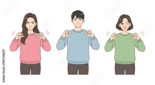 People who point at themselves. They are confident and recommend themselves flat vector illustration