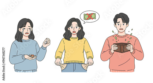 People with empty wallets, pockets and piggy bank having no money. Concept of financial problems empty wallets, empty pockets, little money