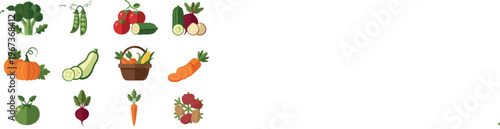 Colorful fresh vegetables collection vector illustration with broccoli peas tomatoes pumpkin carrot beetroot zucchini basket and organic farm produce icons