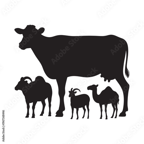 Silhouette illustration depicting a cow goat and camel family group