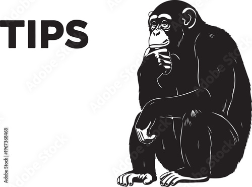 Black and white of a thinking chimpanzee with text
