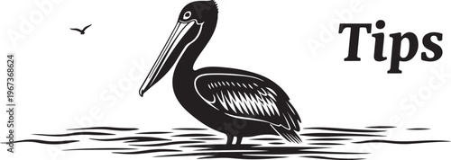 Black and white of pelican standing in water with flying bird and text