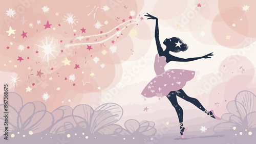 Fantasy ballerina dancing with sparkles and stars in pink tutu on whimsical background with flowers