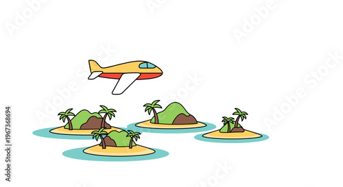 Summer Travel Adventure with Airplane Flying Over Tropical Islands Flat Illustration