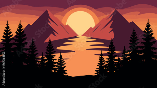 Mountain landscape at sunset with lake and evergreen forest silhouette in warm purple orange colors. Vector illustration