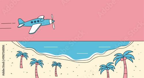 Airplane Flying Over Beach Coastline Summer Travel Banner Split Background Illustration
