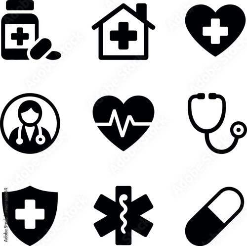 Icons representing various aspects of healthcare and medical services