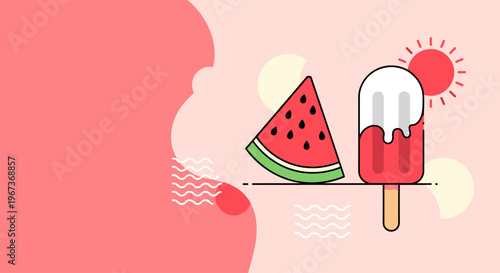 Fresh Watermelon and Ice Cream Summer Dessert Minimal Aesthetic Illustration