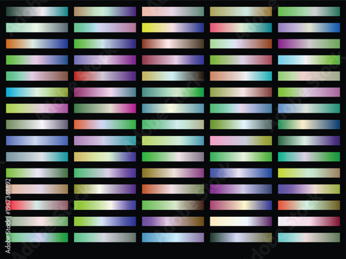 Colorful metallic gradient rectangles arranged in a grid pattern on black background