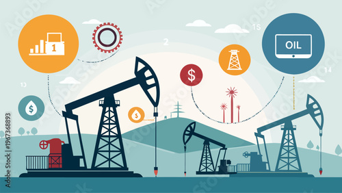 Energy industry concept with pump jacks and oil production icons on a landscape background