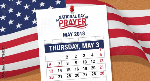 National day of prayer calendar page with american flag on wooden background may 3rd highlighted