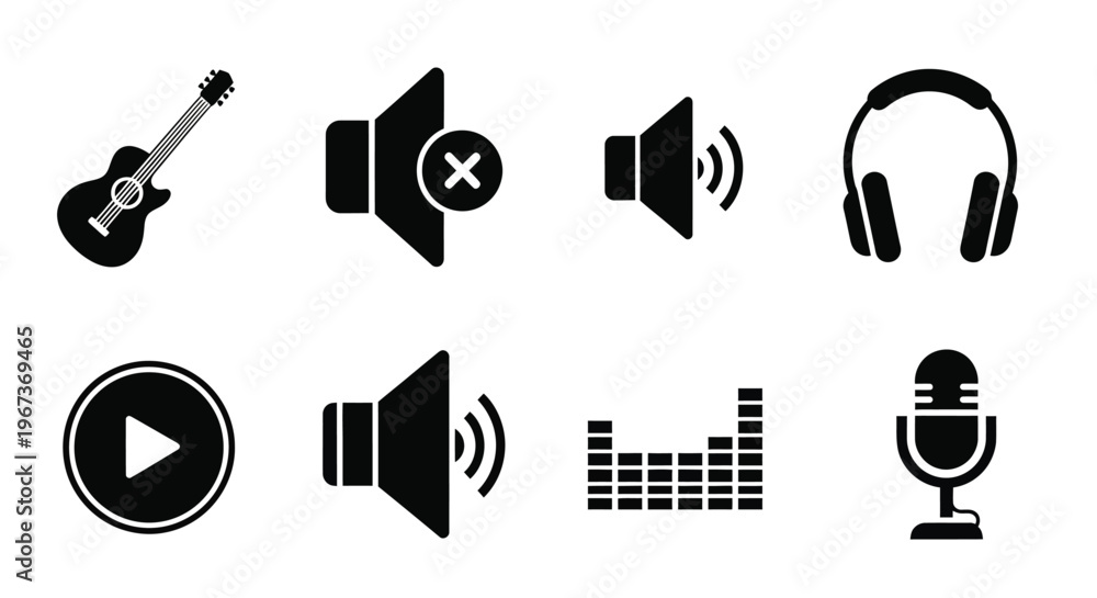 Fototapeta premium Black icons representing music sound and audio equipment silhouette