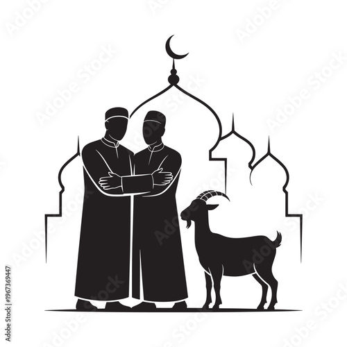 Two men embracing with a goat and crescent moon in a black silhouette design