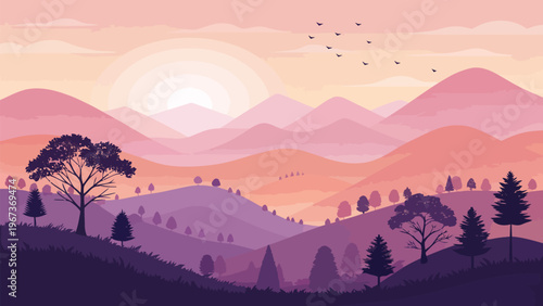 Serene layered hills with semi transparent overlay at sunset featuring trees and mountains in shades of pink purple and orange hues