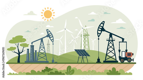 Green energy transition concept with oil pumps solar panel wind turbines and industrial truck on a sunny landscape