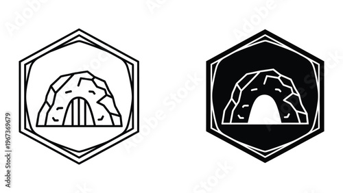 Contrasting emblem designs featuring a cave or tunnel illustration within hexagonal borders