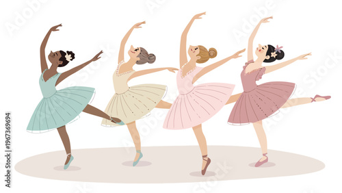 Diverse group of cute ballerinas performing synchronized dance moves in colorful tutus on stage