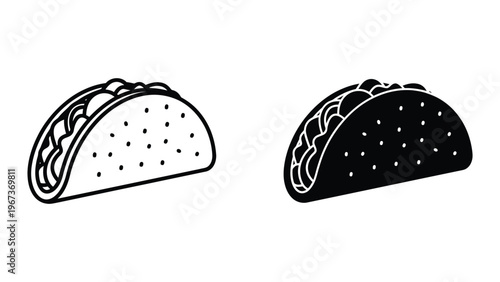 Two stylized tacos with different fillings and tortillas shown in black and white contrast