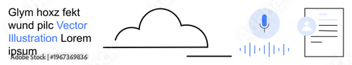 Cloud computing, voice recognition, data processing, digital storage, AI technology, documentation tools. Minimalist icons feature a cloud, microphone soundwaves and a document. Cloud computing