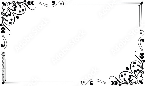 Rectangular floral frame, rose border template with elegant hand drawn flourishes in two corners featuring foliage and blossom decorative vector for print and design use on white background.