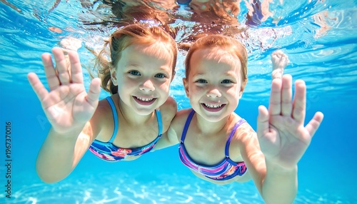 Two smiling young girls underwater, waving to the camera with their hands spread open. Clear blue water surrounds them