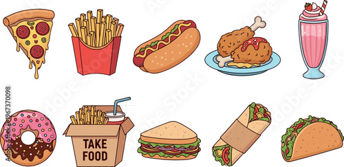 Fast food collection vector illustration featuring pizza fries hotdog fried chicken milkshake donut burger taco and takeaway meal icons