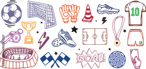 Vector football illustration set with soccer ball, goal, jersey, boots, gloves, trophy, stadium, medal, and field. Perfect for t-shirts, posters, stickers, sports graphics, and merchandise.