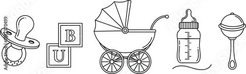 Black And White Line Drawing Of Baby Items On White Background pacifier blocks