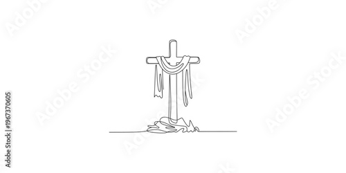 Continuous line drawing of a draped cross on white background simple minimalist art single religious